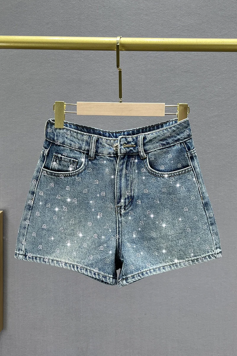 Hepburn 2023 New Summer Denim Shorts Women High Waisted Slim Fit Heavy Embroidery Hot Drilling Letters Balck Shorts Hot Pants