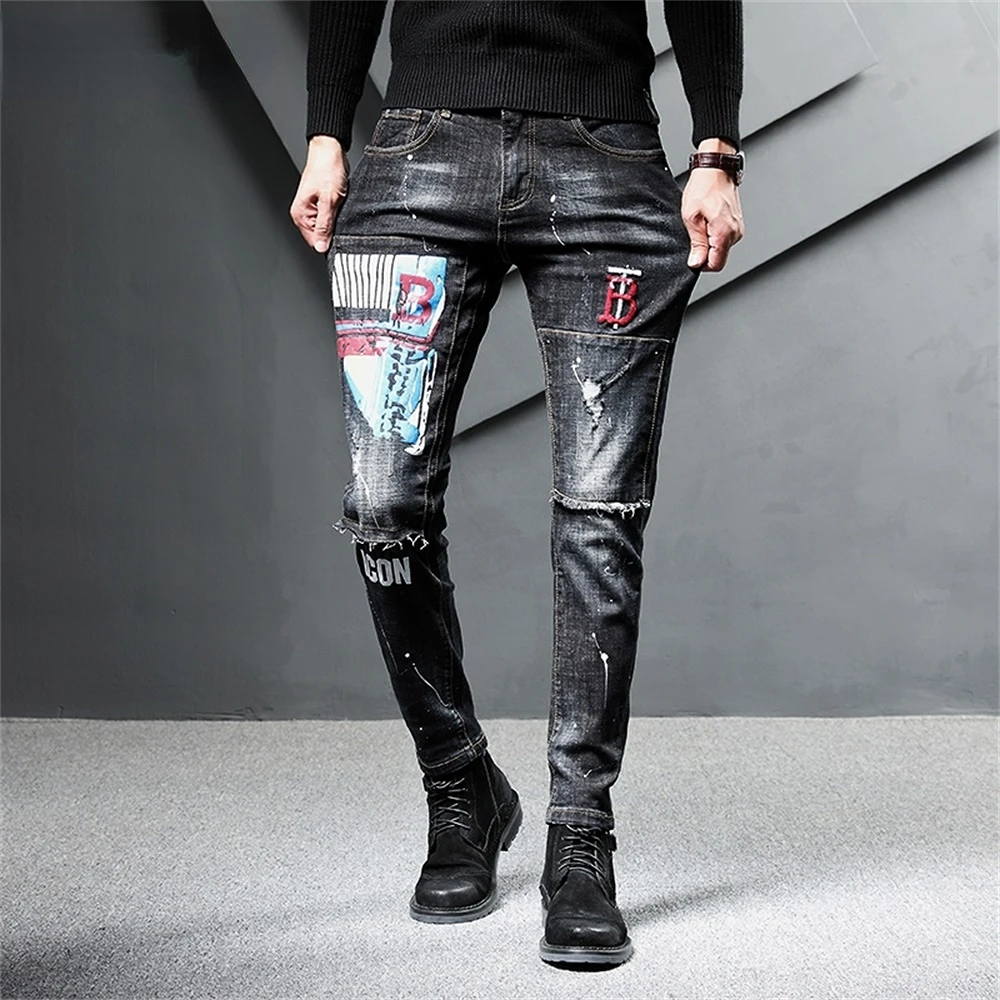 EH · MD® 2020 New Hole Printed Letter Jeans Men's Embroidery Splash Ink Soft Casual Loose Cotton Elastic Trousers Patch Red Ears