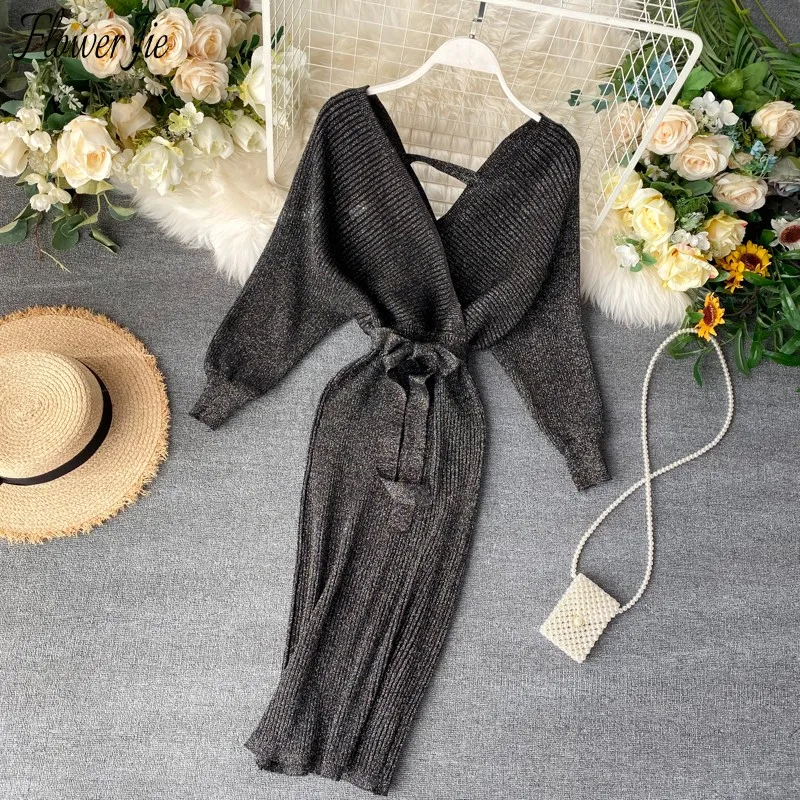

Flower Jie Sweater Knitted Dress Women New Year 2022 Long Sleeve V-Neck Bodycon Evening Vestidos Female Elegant Dresses Woman