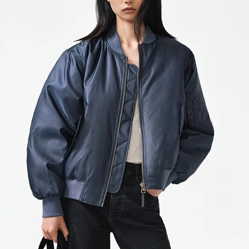

Winter Women Fashion Simple Zipper Jacket Casual Coat Blue Padded Jacket Baseball Jackets