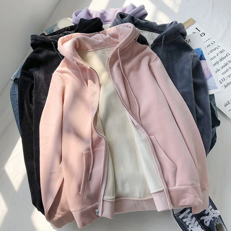 Plush Thickened Warm Hooded Sweater Women's Autumn and Winter New Zip Cardigan Coat Korean Version Loose Casual Hoodie