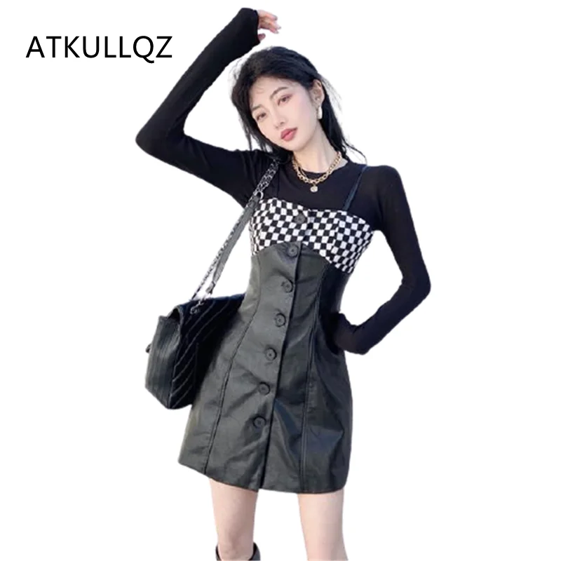 

French checkerboard plaid leather Dress set suspender dress autumn and winter 2022 sanded stretch knitted top two-piece women