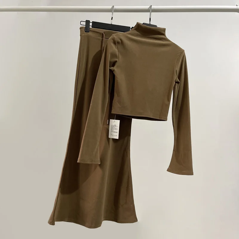 

Зимний комплект YOZOU из 2 предметов, флисовая водолазка, короткий топ с расклешенными рукавами, однотонная облегающая детская футболка, макси длинные юбки, костюмы для женщин в Корейском стиле