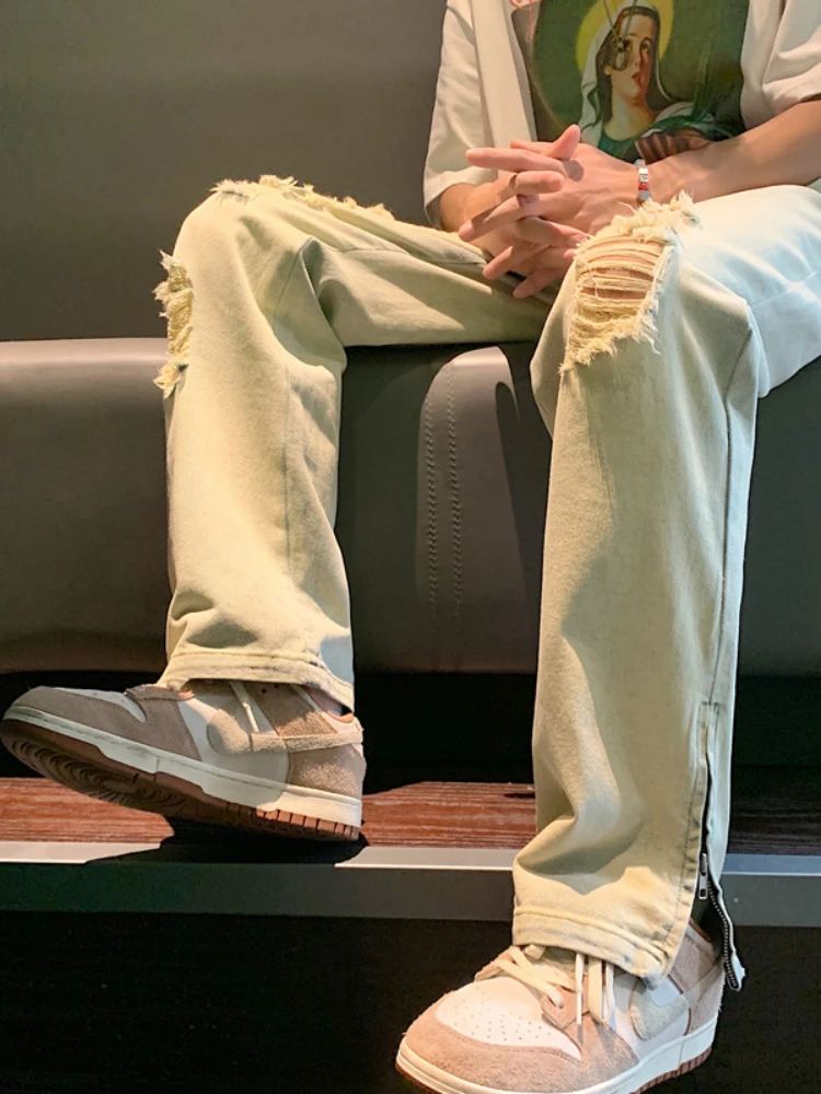 DEEPTOWN Ripped Zipper Jeans Men Hole Straight Denim Pants Vintage Loose Casual Trouers Male Streetwear Hip Hop Fashion Spring