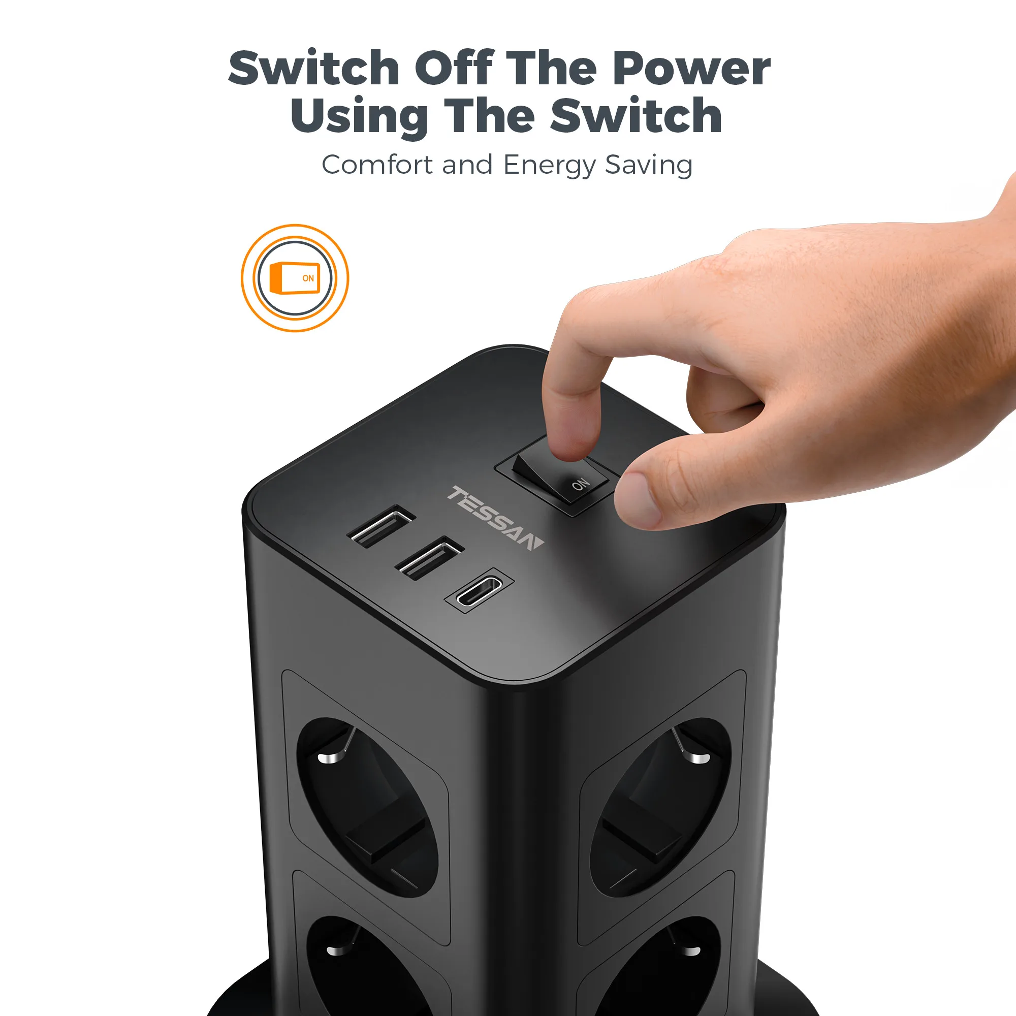 Удлинитель TESSAN с 8 розетками + 2 USB 1 вертикальной розеткой типа C и м удлинителем