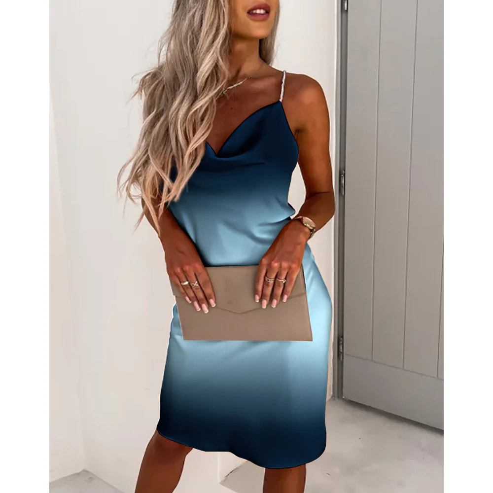 

2022 Women V Neck Ombre Cowl Neck Backless Satin Party Dress Summer Loose Casual Mini Dress Sexy Streetwear Robes Womens Clothes