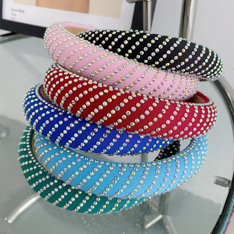 

Crystals Padded Headbands for Women Queen Style HeadpieceThick Hairbands Solid European Trendy Headdress Rhinestones Headband