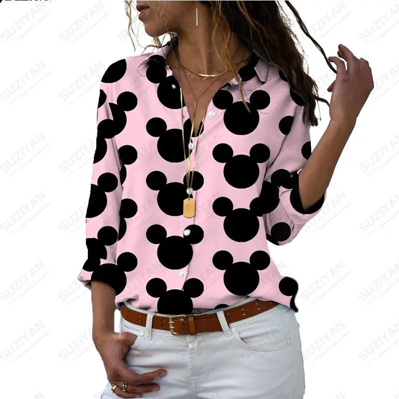 

Fashion Women's Disney 3D Printed Shirt Spring/Summer 2023 Casual Long Sleeve V-Neck Women's Button Top Loose Shirt Plus Size