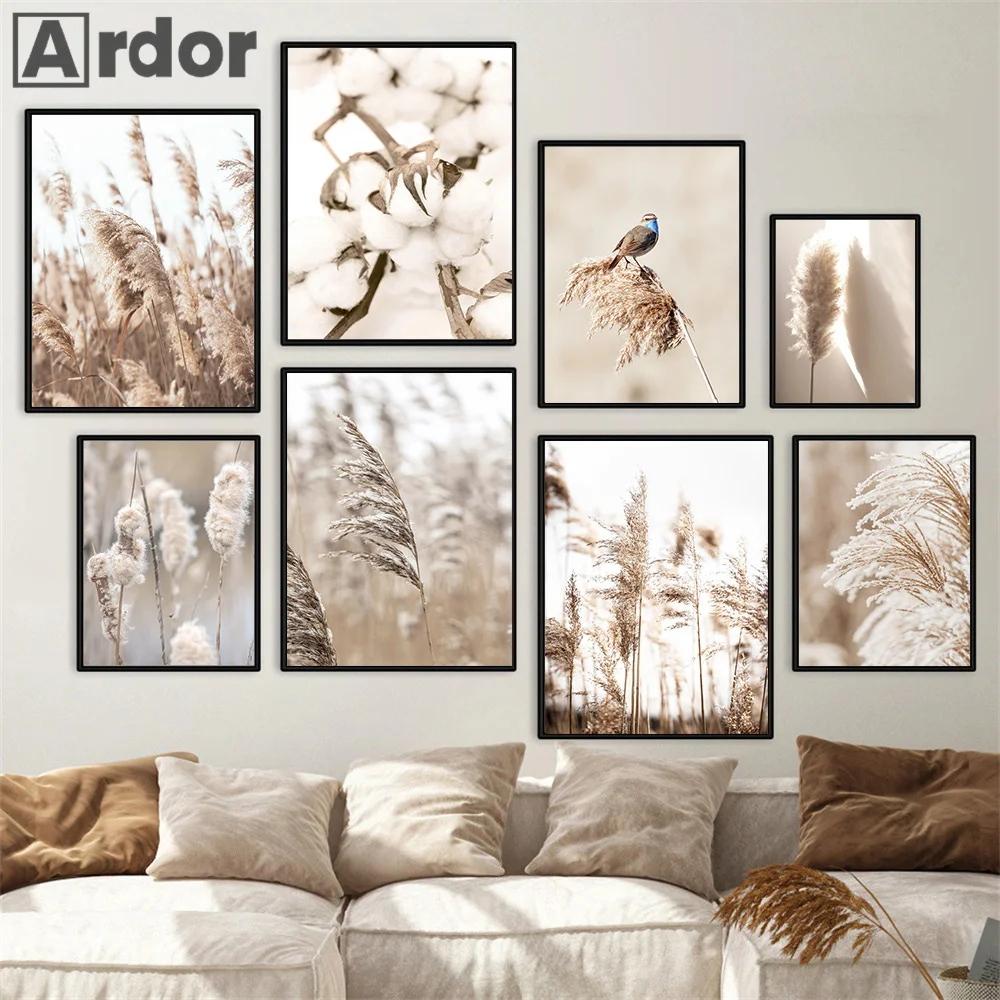 

Nature Plant Reed Wall Art Canvas Painting Beige Scenery Poster Bird Posters And Prints Nordic Wall Pictures Living Room Decor