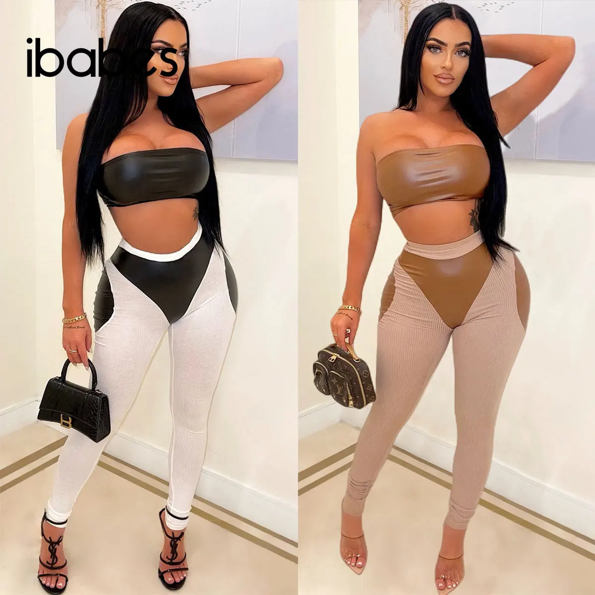 

PU Leather 2 Piece Sets for Women Color Patchwork Sexy Strapless Crop Top High Waist Pencil Pants Summer Night Club Party Outfit