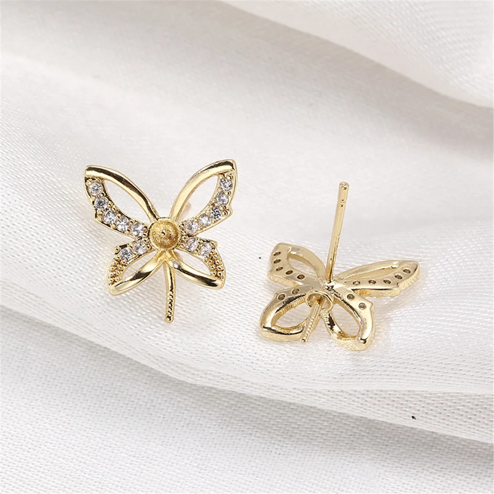 

14k Gold Filled Plated butterfly inlaid Zircon Earrings S925 silver needle DIY accessories temperament female