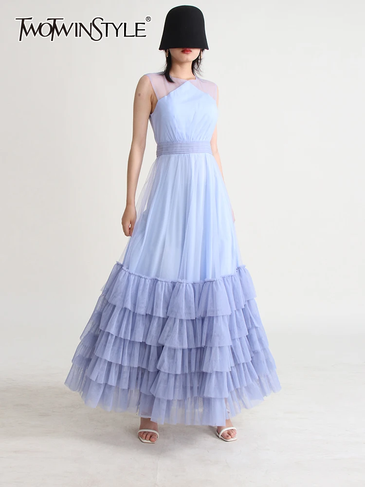

TWOTWINSTYLE Elegant Spliced Ruched Dresses For Women Round Neck Sleeveless High Waist Patchwork Mesh Dress Female Clothing 2023