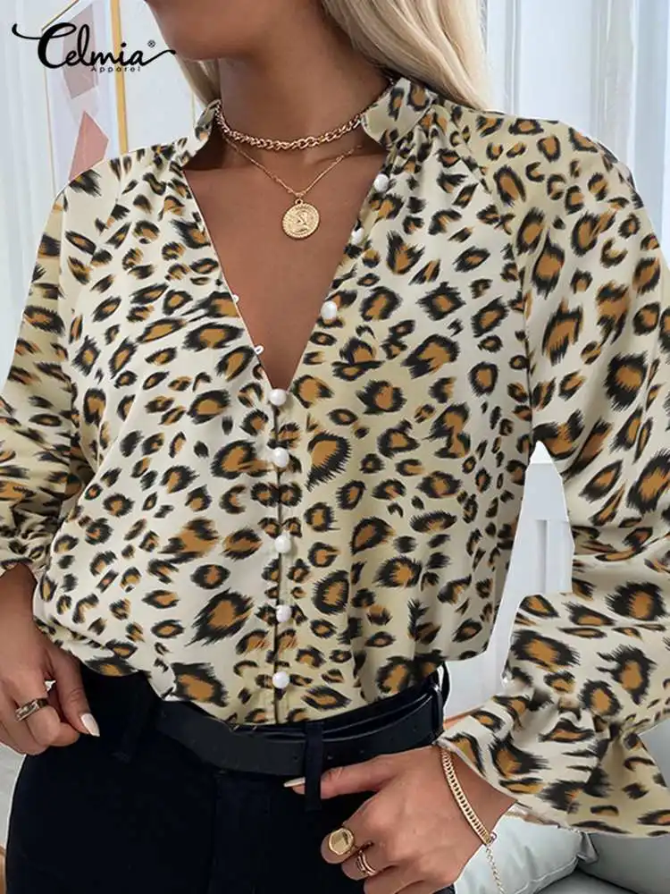 

Celmia Fashion Leopard Printed Shirts Women V-neck Long Sleeve Blouses 2022 Spring Casual Loose Buttons Blusas Elegant Lady Tops