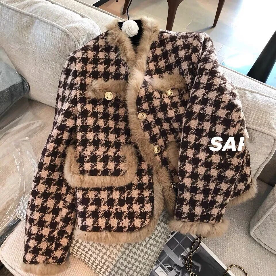 

Female Plus Velvet Black White Houndstooth Tweed Coat Plaids Weave Bomber Jacket Fall Winter Plush Liner Cardigan Parka Abrigos
