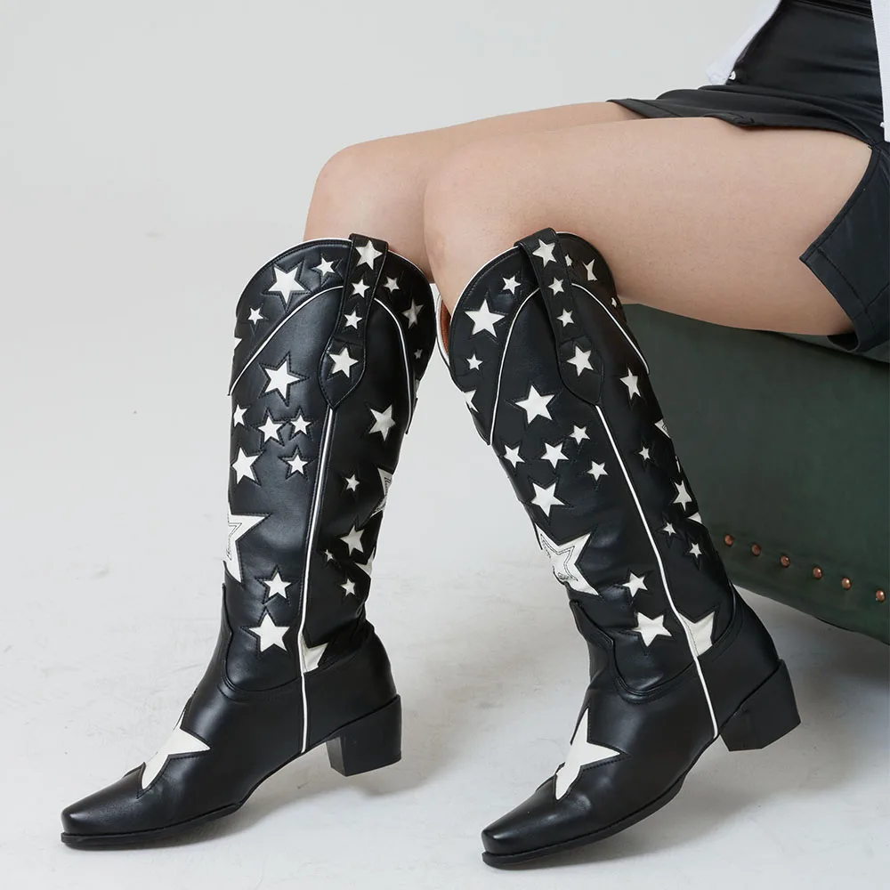 

Aosphiraylian Western Cowboy Winter Boots For Women 2023 Vintage Stars Stripe Women's Shoes Cowgirls Retro Boots מגפיים לנשים