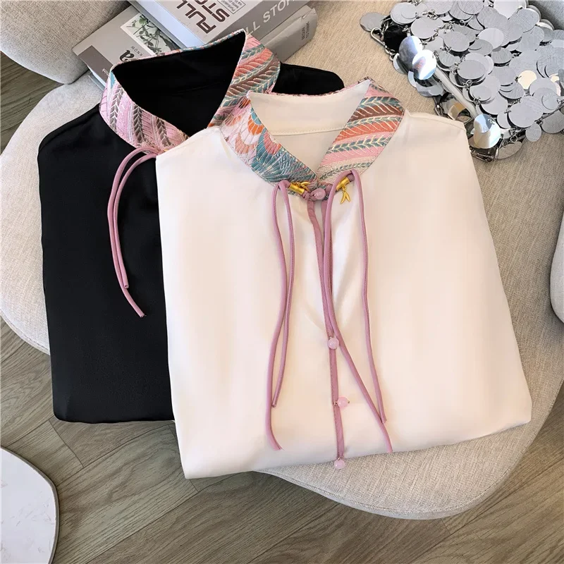 2024 весенняя новая женская рубашка с вышивкой в китайском стиле топ высокого