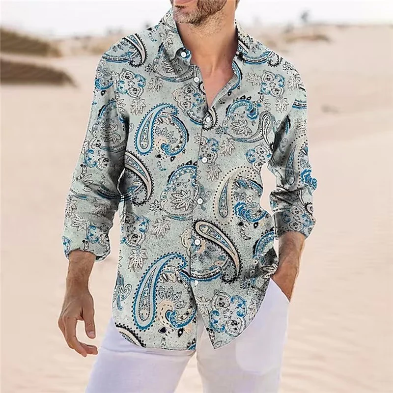 

Рубашка мужская оверсайз с длинным рукавом, модная блуза с винтажным цветочным принтом, дизайнерская уличная одежда для выпускного клуба