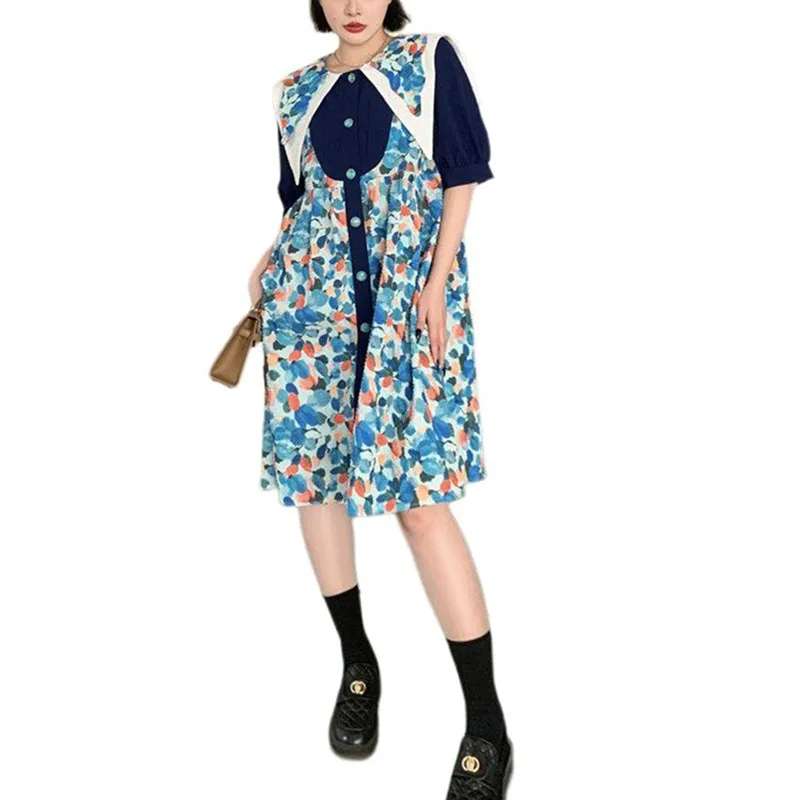 

PERHAPS U Causal Street Flower Print Spliced Sailor Collar Puff Sleeve Straight Pleated Single Breasted Knee Dress Shirt Skirt