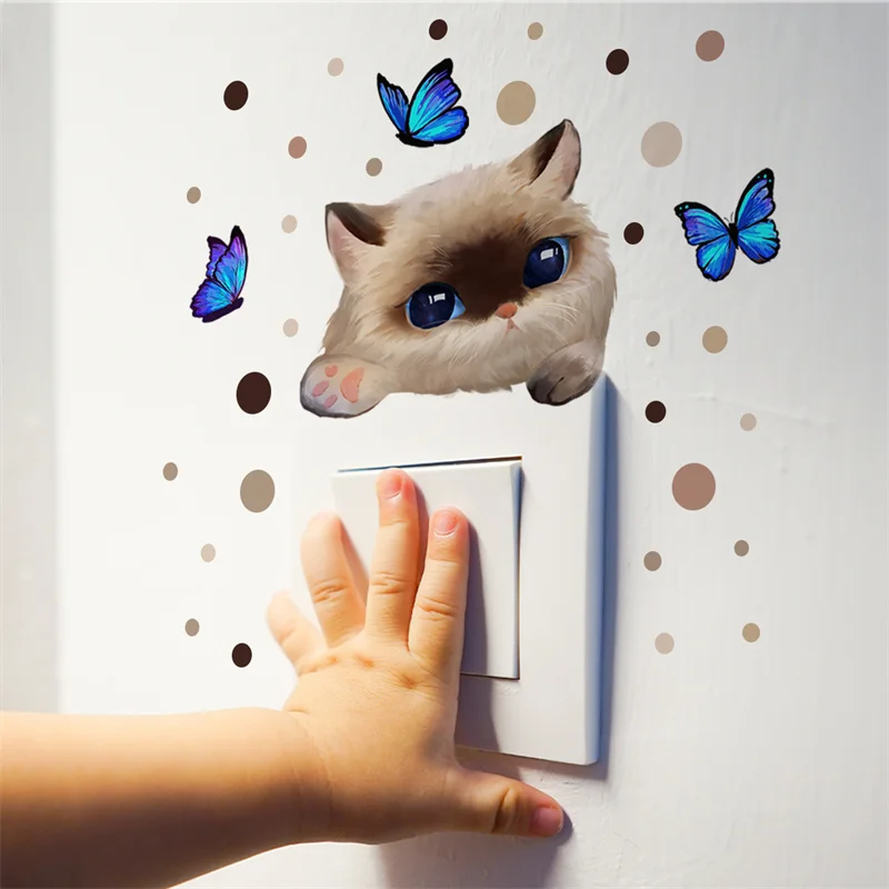 Lenoyn Cute Kitten Dot Butterfly Wall Stickers Switch Stickers Background Wall Home Decorative Wall Stickers Wallpaper images - 5