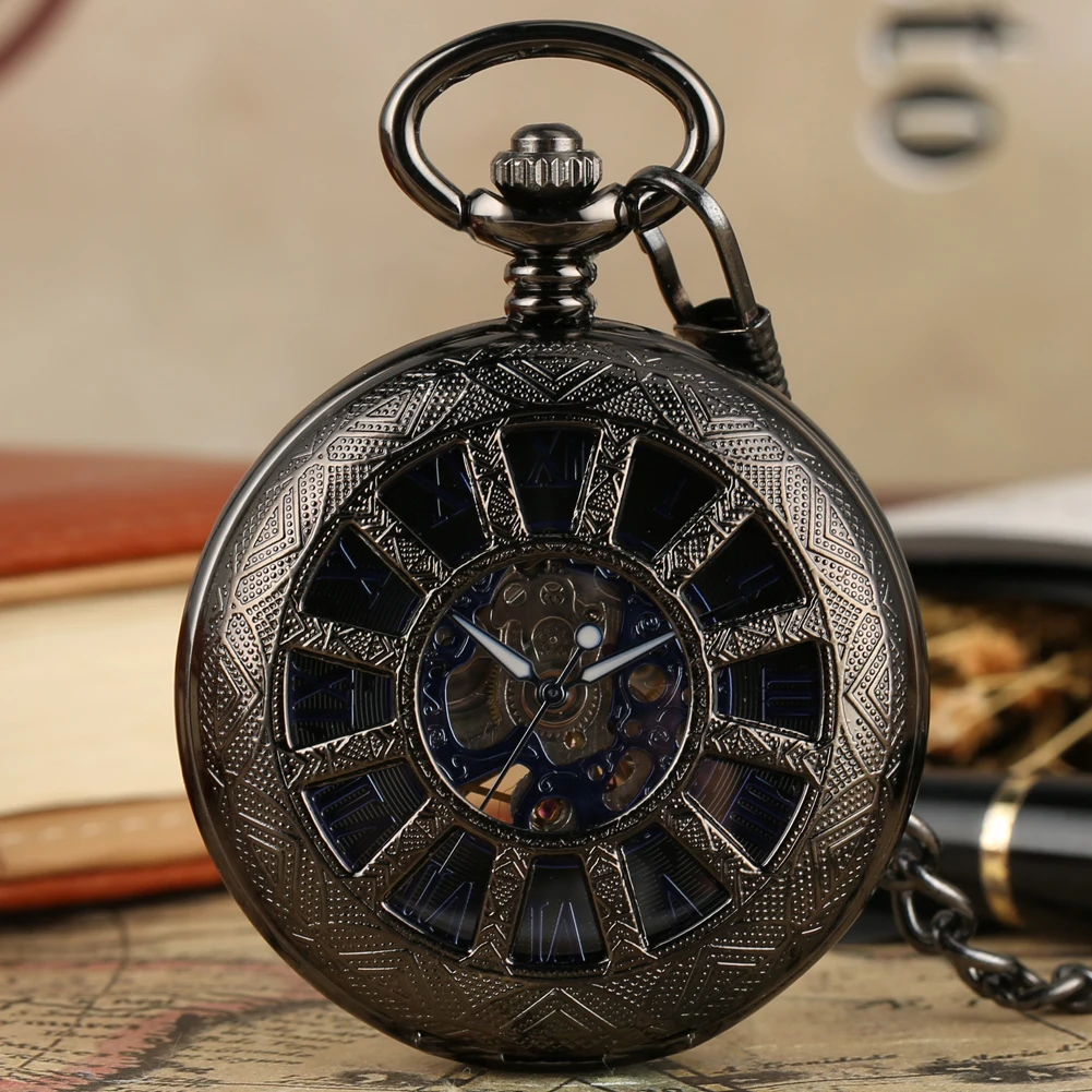 Royal Blue Roman Numerals Dial Manual Mechanical Pocket Watch Vintage Hub Skeleton Exquisite Pocket Timepiece with Pocket Chain