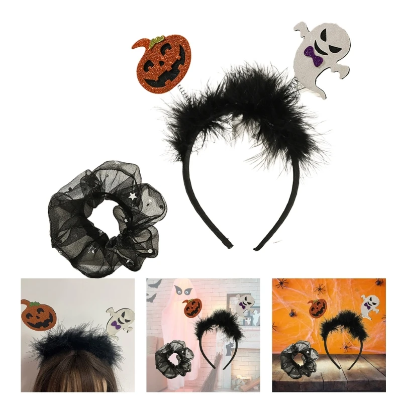 

Halloween Headdress Hair Tie Headband Pumpkin Glitter Feather Hair Hoop Strong Hold Hairpin for Girls