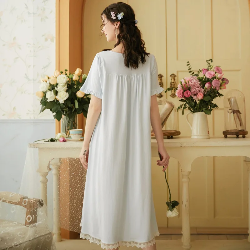 Spring and Autumn Women's Nightdress Short Sleeve Lace Palace Princess Sweet Long Home Wear Loose Sleepwear Women Sleep Tops