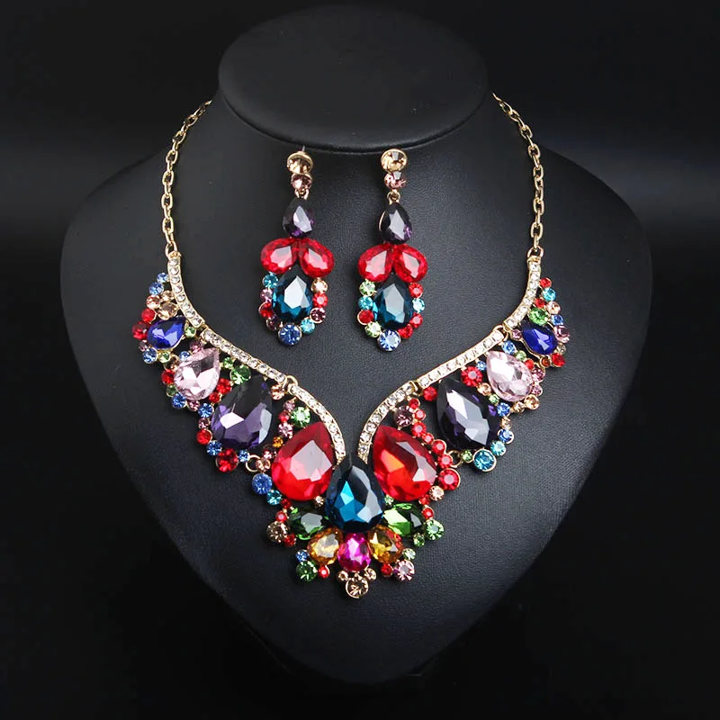 

Luxury Crystal Necklace Earrings Jewelry Set African Rhinestone Choker Indian Nigeria Collars Women Bridal Wedding Party Gifts