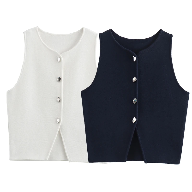 Женский однобортный жилет без рукавов с круглым вырезом