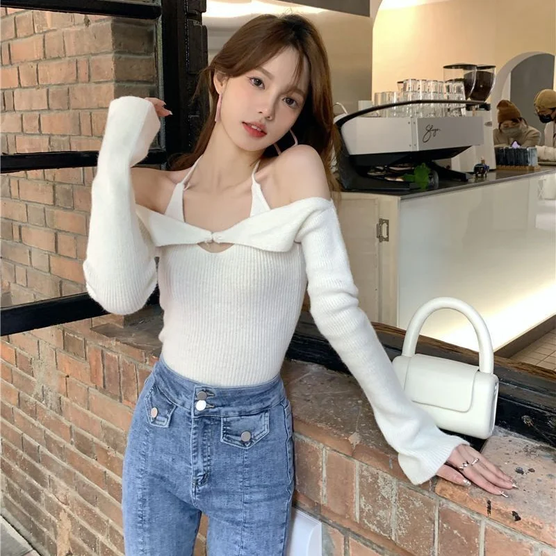 

Топ Y2K, женские футболки с длинным рукавом, топы из 2 предметов, топы с лямкой на шее, короткий топ с открытой спиной, футболки с открытыми плечами, сексуальная Рождественская одежда