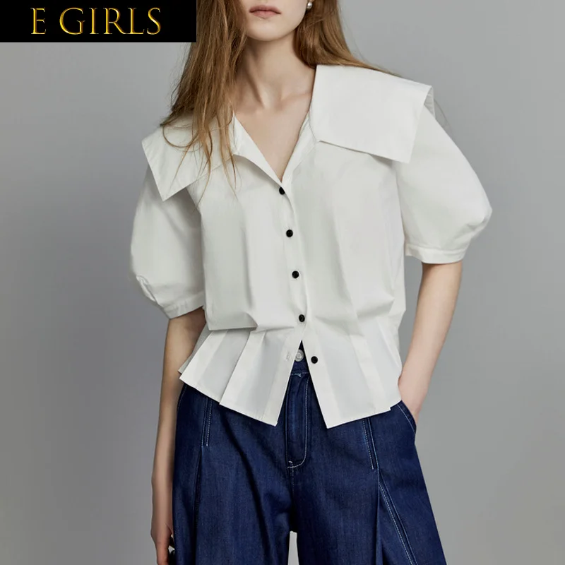 

E GIRLS French Style Lapel Slim Waist Cotton Shirt Women 2023 Summer New Commuting Simple Niche Tops Pleated Design Short Sleeve