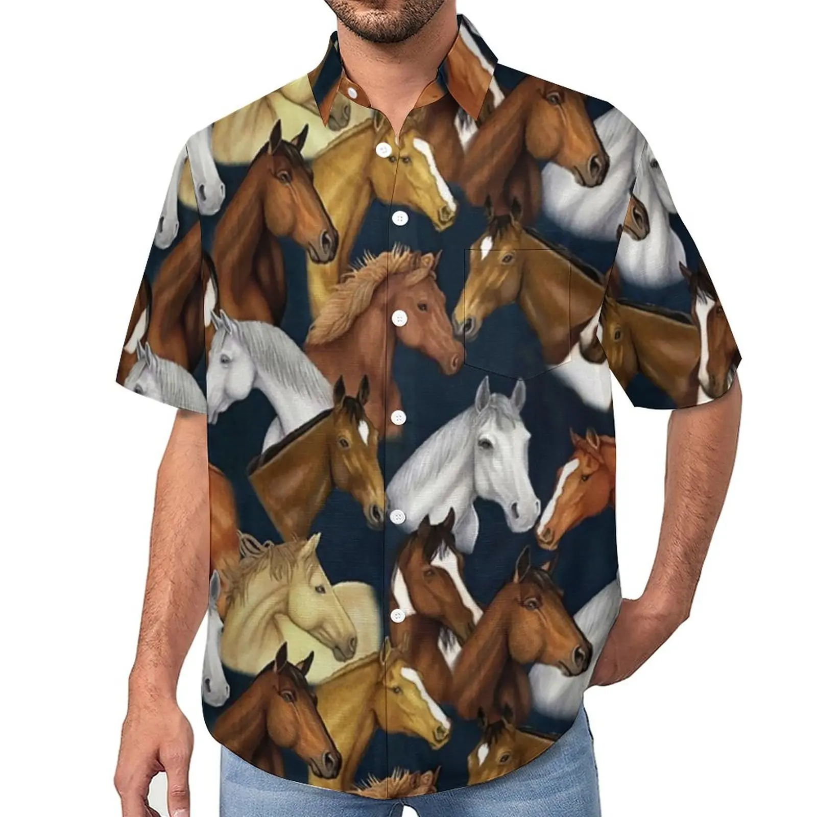 

Hourse Casual Shirt Wild Animal Print Vacation Loose Shirt Hawaiian Street Style Blouses Short Sleeve Design Oversized Clothes