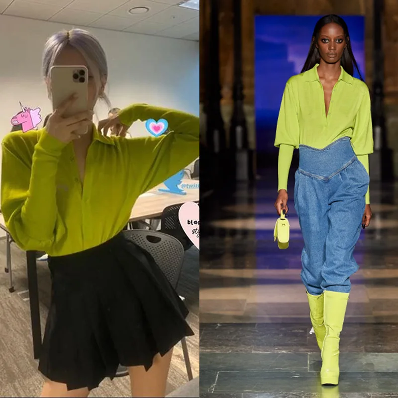 

Autumn and Winter Women's 2023 New Fashion Goth Women Fluorescent Lapel Low-cut Lantern Sleeves Slim Knit Women Kpop Clothes
