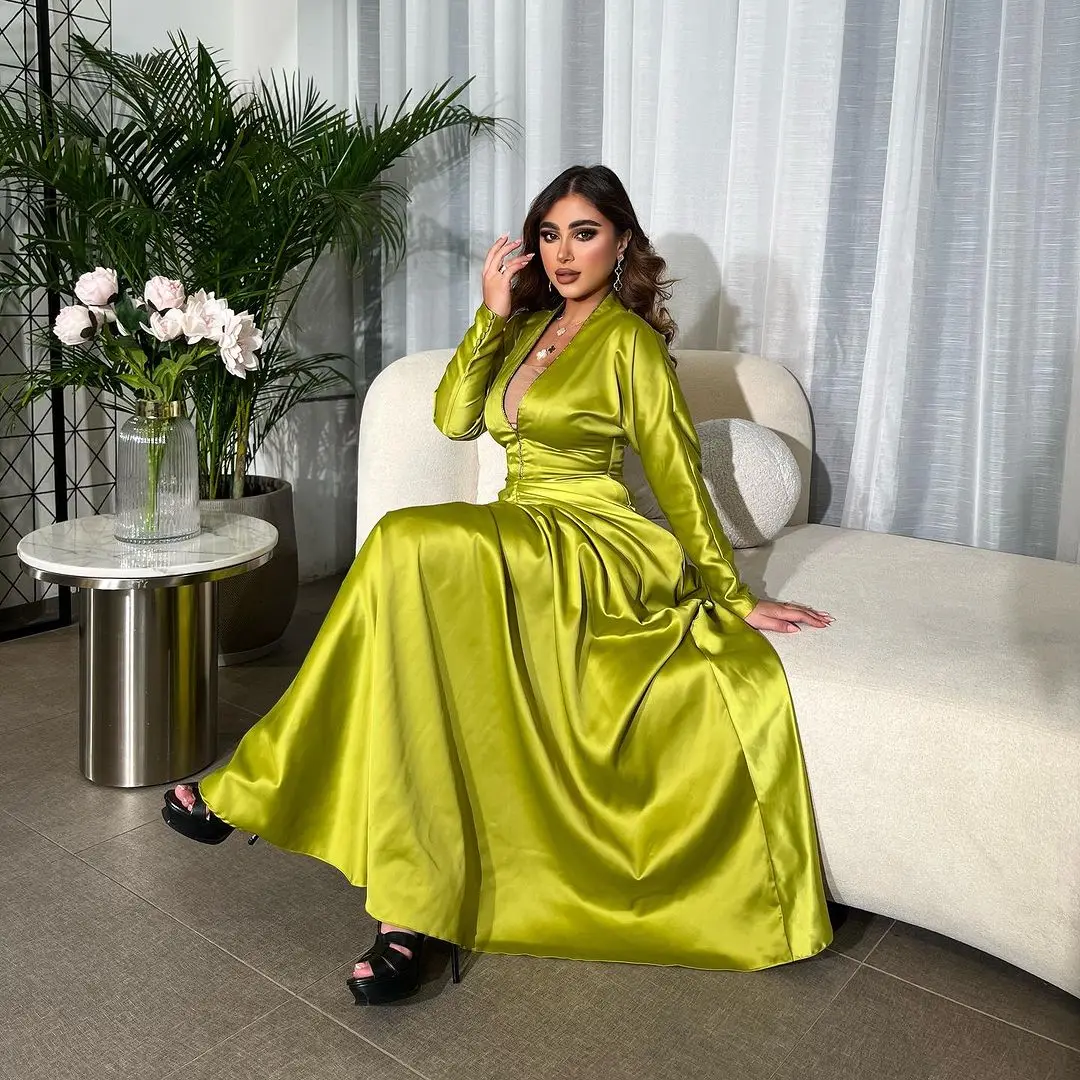 

Elegan Formal Women Evening Dresses Long Sleeves V Neck Prom Dresses Pleated Beads Floor Length Zipper Formal Party Dress