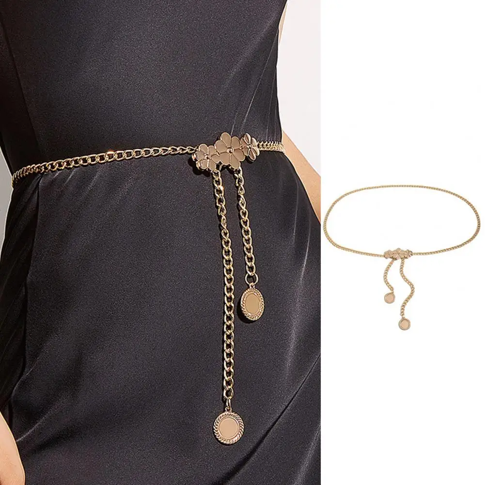 

Popular Women Belt Flower Buckle Round Pendants All Match Metal Single Circle Chain Waistband Clothes Decoration Accessory