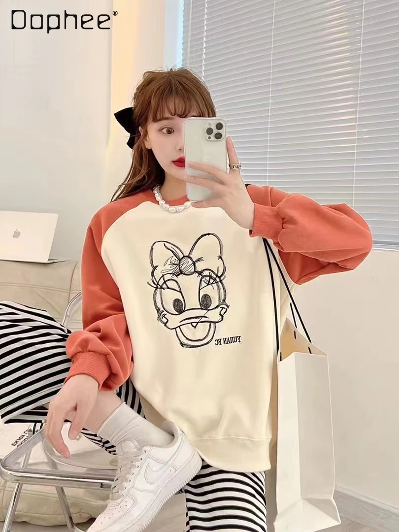 

Autumn New Long Sleeve Pullover Hoodie Korean Fashion Cute Cartoon Pattern Color Matching Loose Crew Neck Sweatshirts for Women