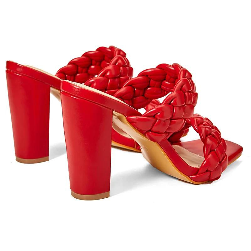 Summer Design Twist Weave Square Toe High Heels Quality Women's Slippers Gladiator Shoes Beach Womens Sandal Slides Slip On Sexy