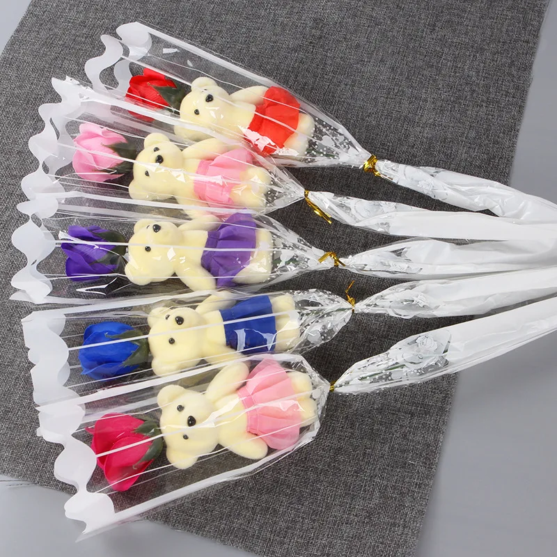 

Soap Rose Teddy Bear Flower Bouquet Valentines Day Gift for Girlfriend Wedding Bouquet Home Decoration Artificial Rose Flowers