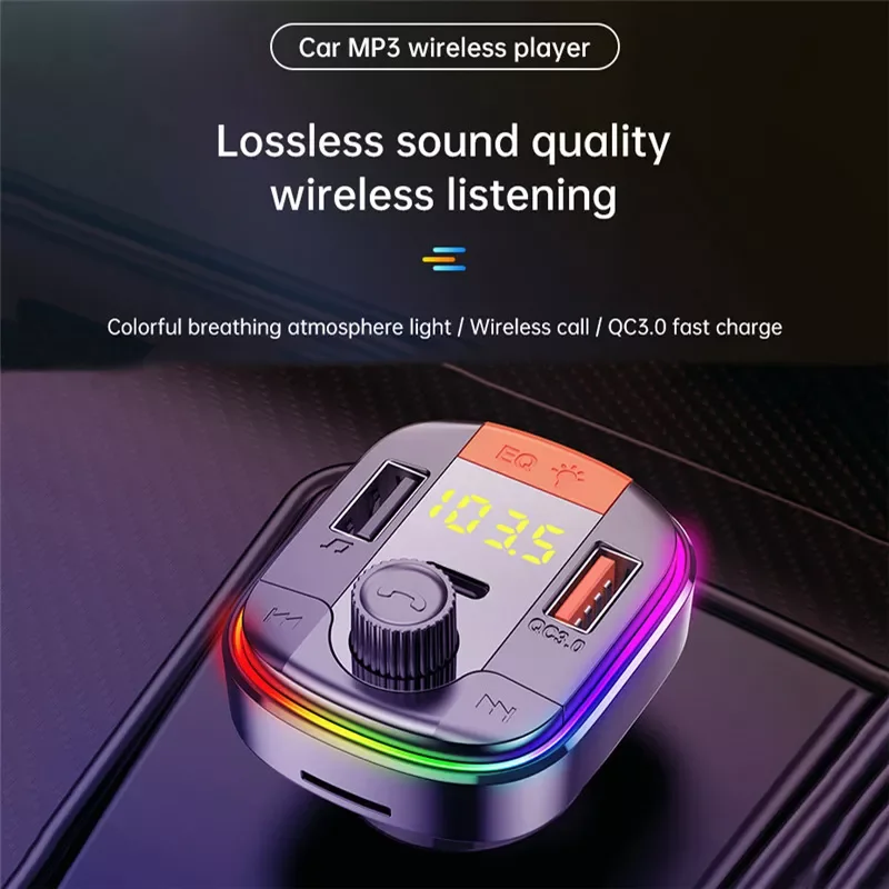 

FM Transmitter Bluetooth 5.0 Adapter Colorful Car Mp3 Player Handsfree Calling 2 USB Port with PD QC 3.0 Fast Charge Car Kit