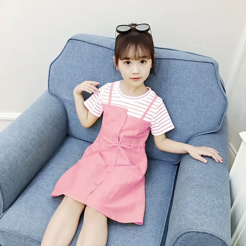 

Girls Dress Summer 2023 New Cute Patchwork Short Sleeve Striped Fake Two Dresses Elegant 12 Children's Clothing Princess Dresses