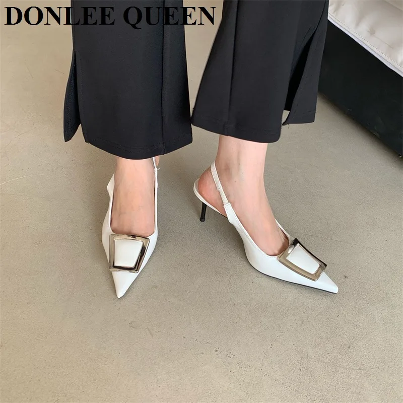 Fashion High Heel Shoes Women Slingback Sandals Female Pointed Toe Elegant Pumps For Party Shoes Brand Buckle Slip On Mule Mujer