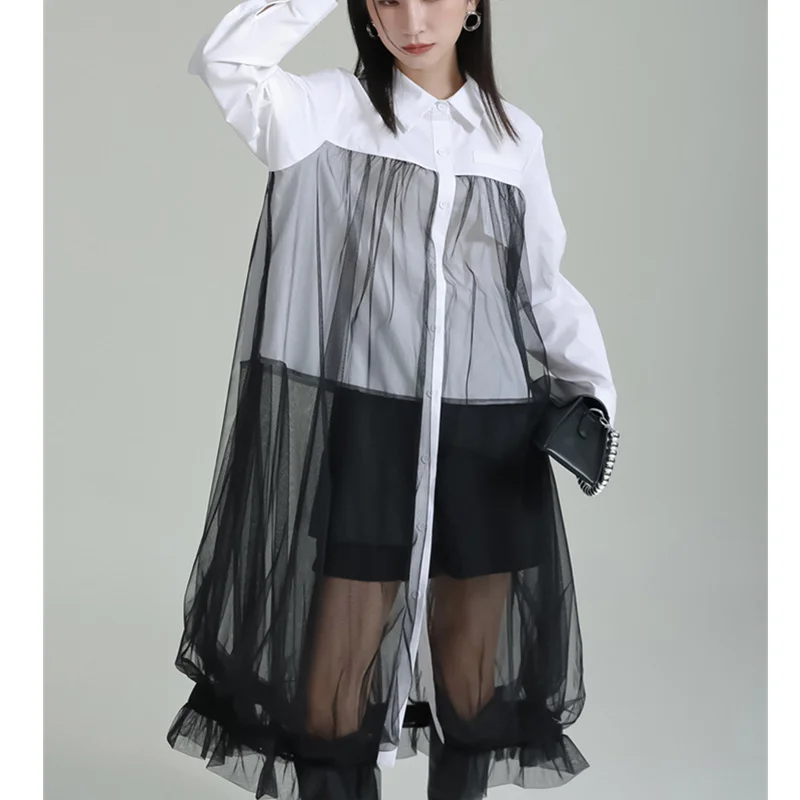 

Женское весеннее платье-рубашка средней длины, Сетчатое платье из двух частей с аппаратным дизайном для снижения возраста, 2023