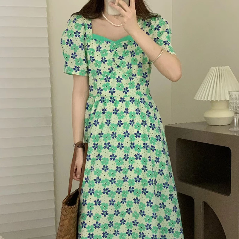 

Korean Chic Summer Women Dress 2022 New Vintage Elegant Print Puff Sleeve Square Collar Dresses Japanese Sweet A-Line Vestidos