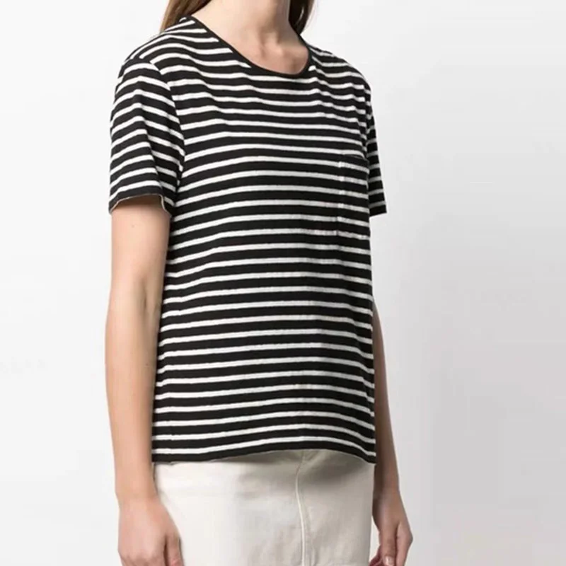 

22 Summer Leisure Striped Short Sleeve T Shirt Women Crew Neck Loose Pullover TShirts Fashion Classic Black White Stripes Tshirt