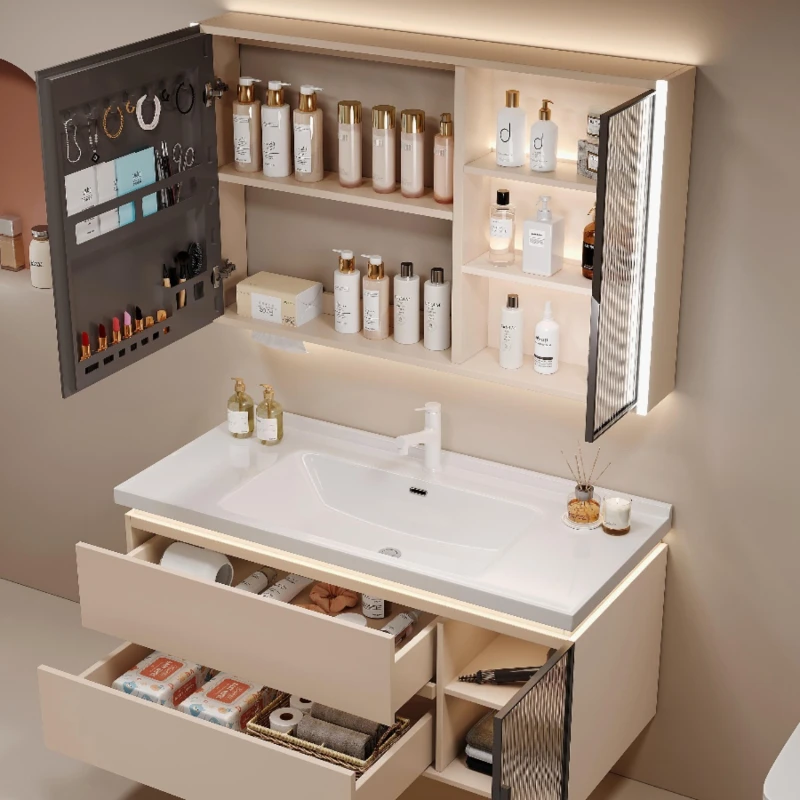 Kremowa szafka łazienkowa połączenie nowoczesna minimalistyczna łazienka ceramiczna zintegrowana umywalka inteligentny zestaw do twarzy YX50BC