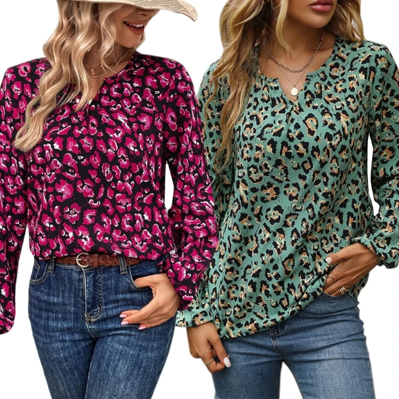 

95AB Женские блузки с леопардовым принтом Фонарь с длинным рукавом и v-образным вырезом Топ Повседневная туника Топ Шифоновая