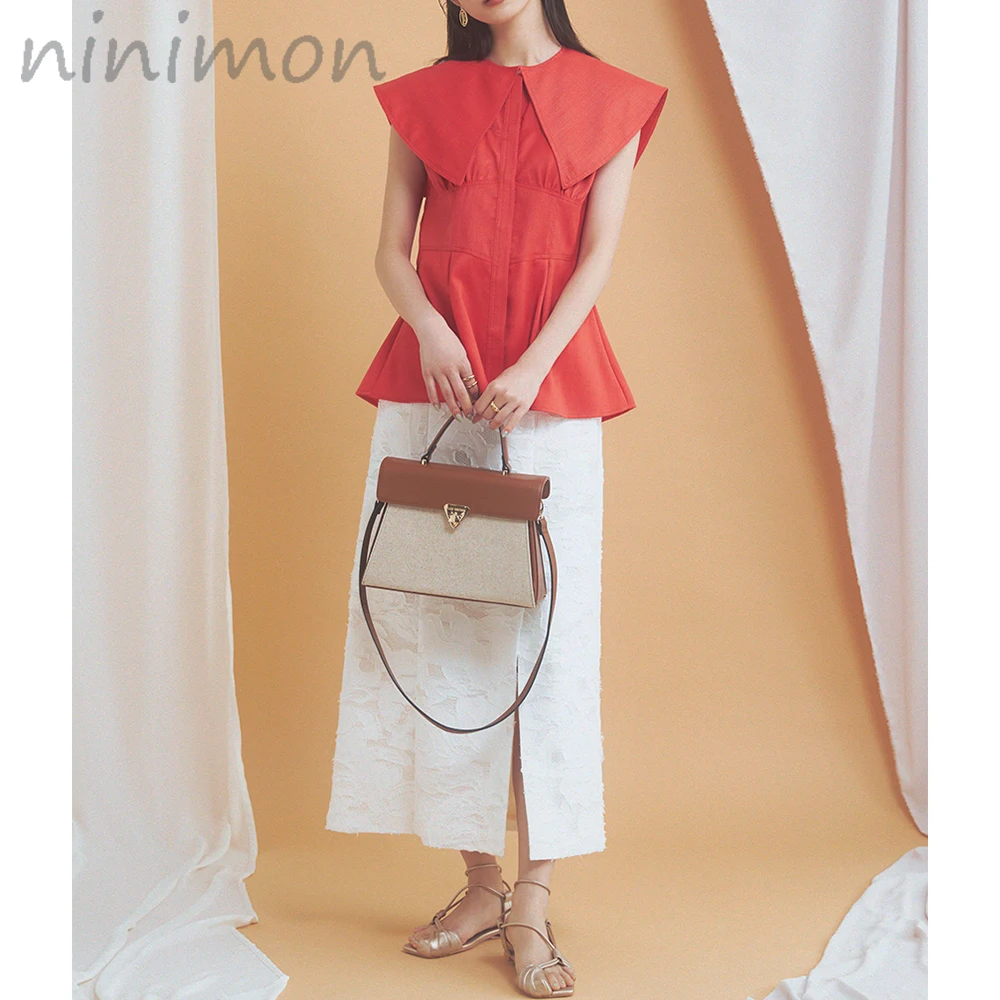 

NINIMON Detachable Navy Large Lapel Blouse 2WAY Women Shirt Sleeveless Solid Color Stitch Shirt 2022 Summer Slim Waist Blouse