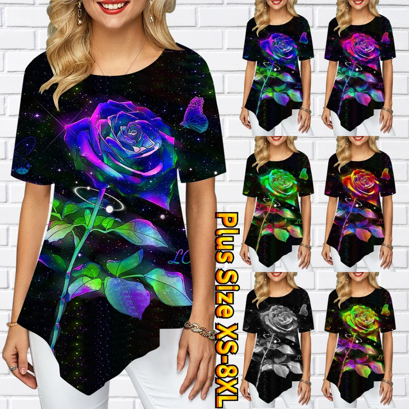 

Women Mature Slim Fit Pointed Skirt Swing Short Sleeve Women's T-Shirt Colorful Rose Print Round Neck Summer Breathable XS-8XL