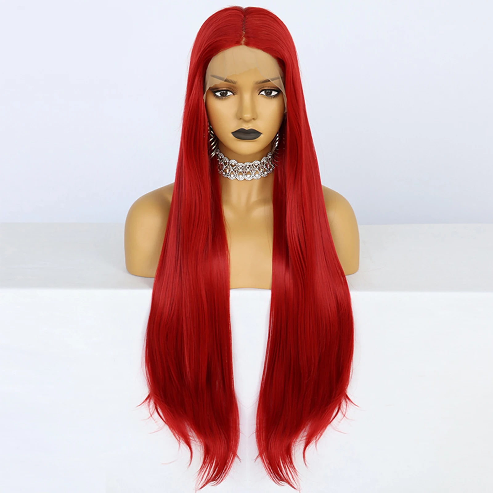 Anogol Synthetic T Part Lace Wig 30 Inch 13x1 Middle Part Long Red Natural Straight Hair Wigs Heat Resistant Fiber for Women