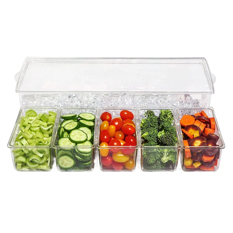 

Condiment Server On Ice, Chilled Caddy with 5 Removable Compartments, Chilled Serving Tray Container with Hinged Lid