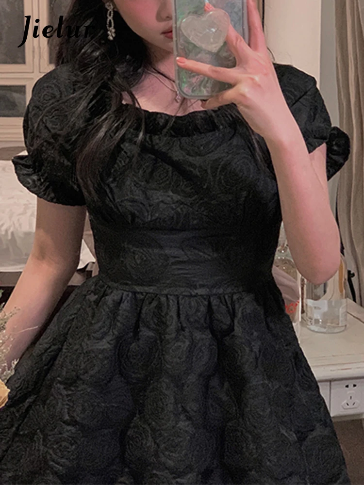 Jielur Женские платья на шнуровке с бантом и тонкой талией летнее Черное Женское